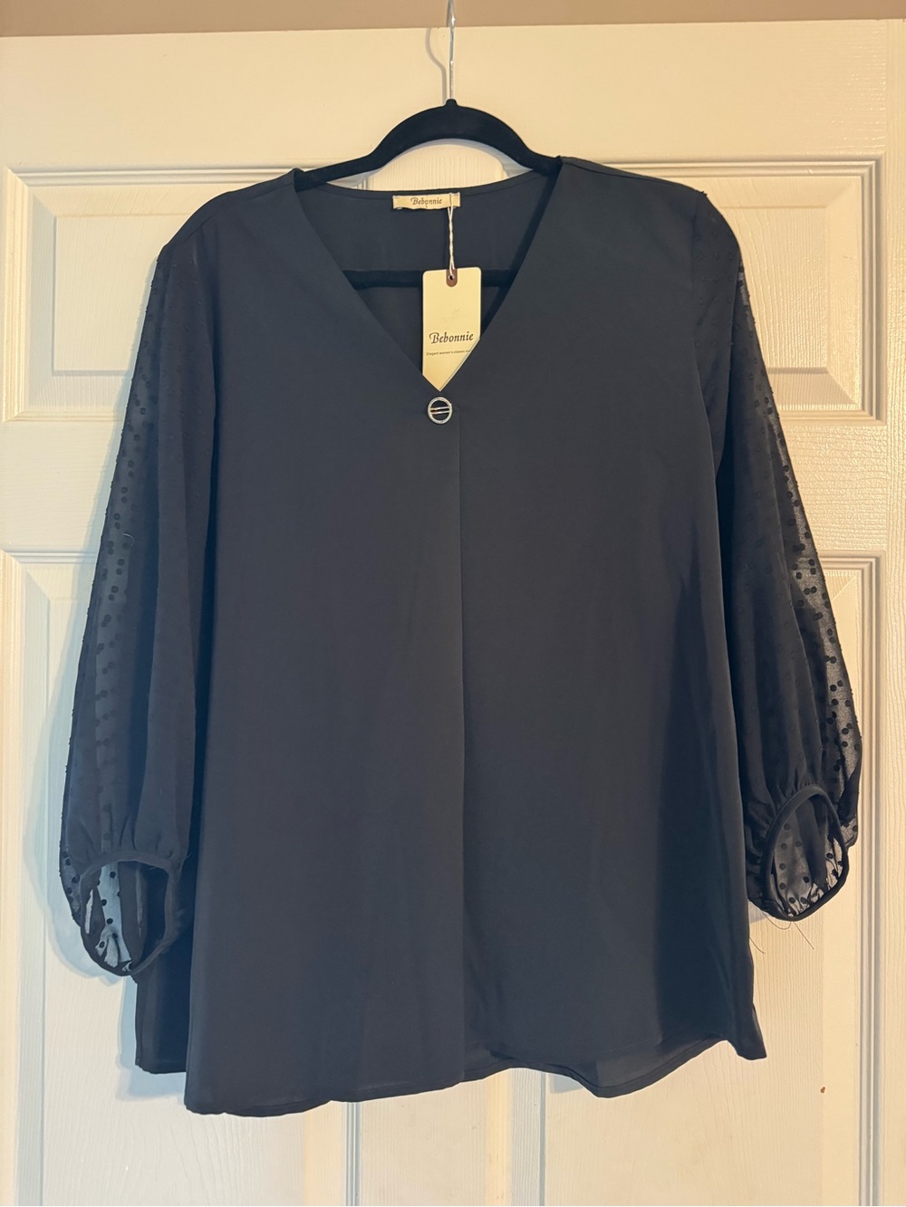 Black V-Neck Blouse with Sheer Dot Balloon Sleeves by
